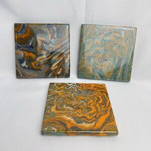 Abstract Ceramic Coasters Set of 3 Marbled Design Cork Backing Handcrafted